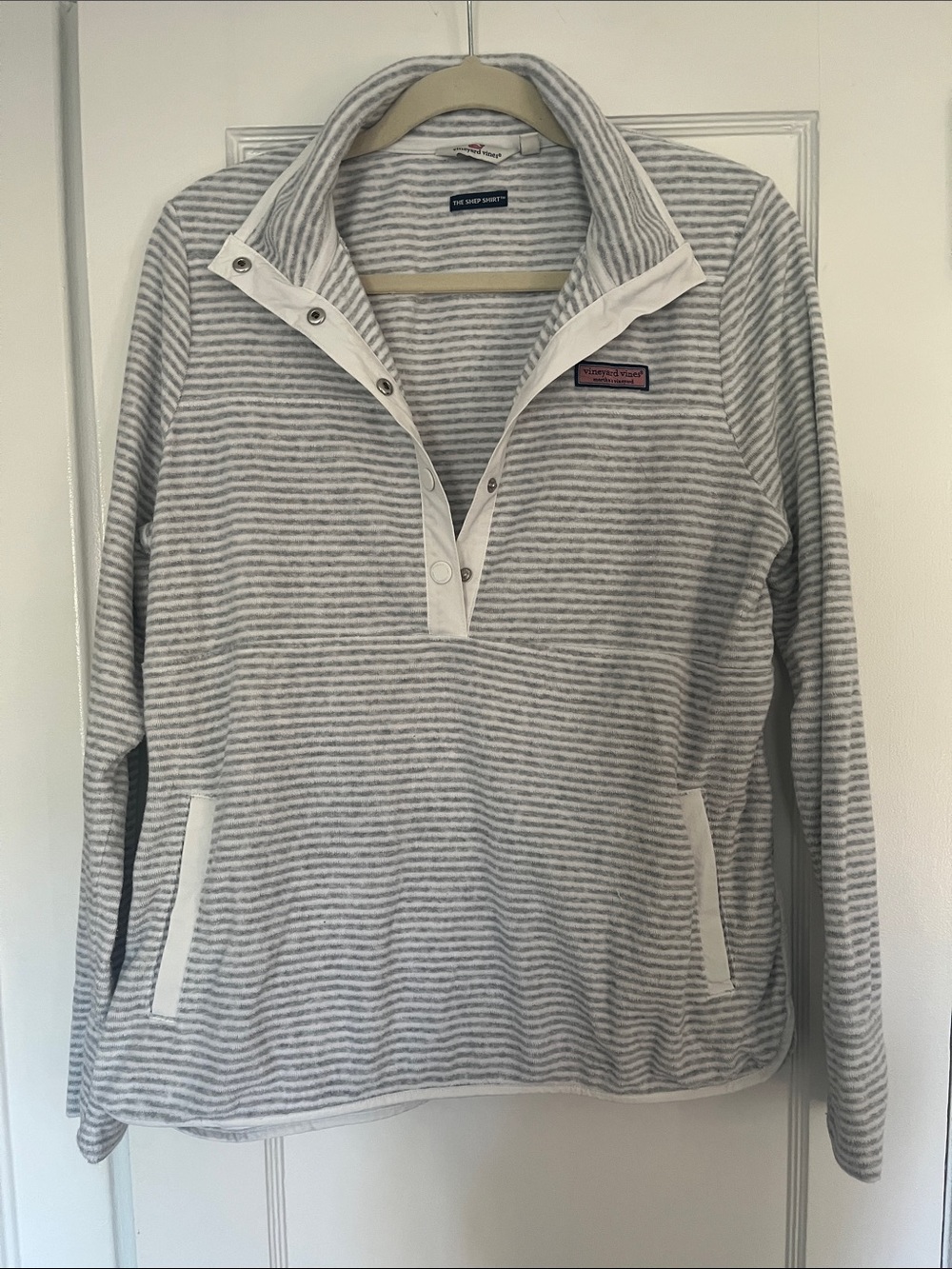 Vineyard Vines Gray & White Striped Snap Pullover with Logo Patch